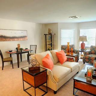 A cozy and stylish living room featuring a comfortable sofa with decorative pillows, a dining table, and warm lighting.