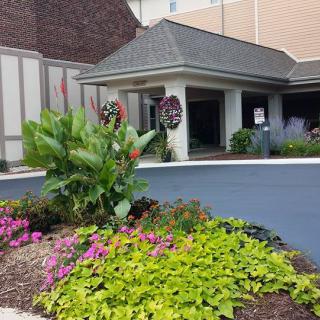 A beautifully landscaped entrance with vibrant flowers and plants.