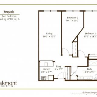 A floor plan of the Sequoia model, featuring a two-bedroom apartment with dimensions.