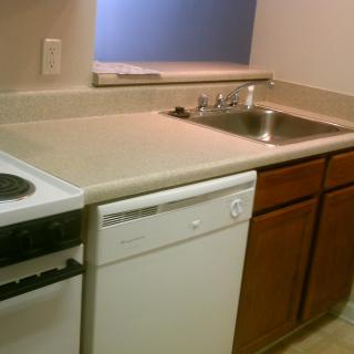 A compact kitchen area featuring a sink and dishwasher with wooden cabinets.