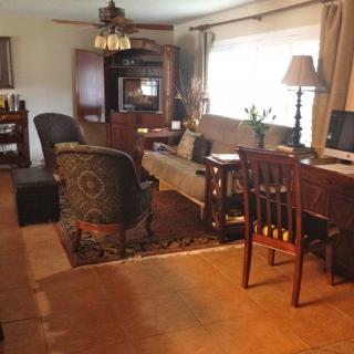 A cozy living room with a mix of traditional furniture and natural lighting.