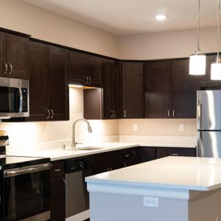 A modern kitchen with dark cabinets and stainless steel appliances.