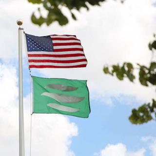 An American flag and a green flag flying on a flagpole against a backdrop of sky and clouds.