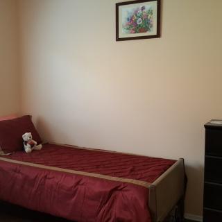 A minimalist bedroom with a single bed featuring red bedding and a teddy bear, accompanied by a dresser and wall painting.