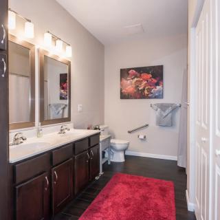 Modern bathroom with dual sinks and a red rug.