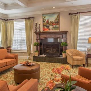 A cozy living room with warm-toned furniture and a fireplace, complemented by elegant curtains and tasteful artwork.