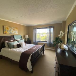 A cozy bedroom with a large bed, decorative pillows, and a window view.