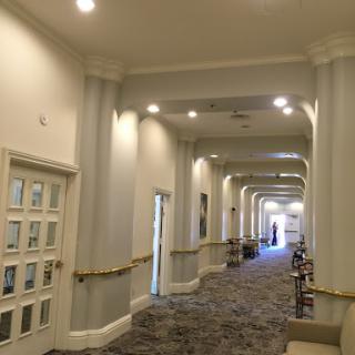 A well-lit corridor featuring decorative columns and patterned carpet.