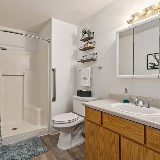 A modern bathroom featuring a shower, toilet, sink with wooden cabinetry, and well-organized shelves.