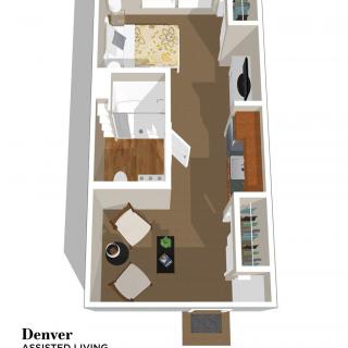 3D floor plan of a compact apartment layout with a living area, kitchen, bedroom, and bathroom.