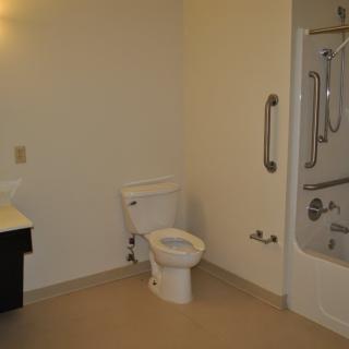 An accessible bathroom with a toilet, sink, and shower equipped with grab bars.