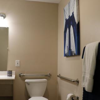 A bathroom with a toilet, sink, mirror, and artwork on the wall.
