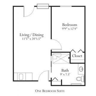 One-bedroom suite floor plan with living/dining area, bedroom, bath, and closet.