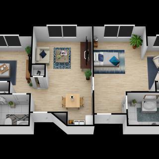 A 3D floor plan of a modern apartment with a living room, bedroom, bathroom, and kitchen.
