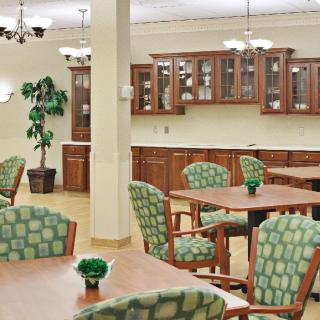 A well-organized dining area with wooden tables, patterned chairs, potted plants, and glass-front cabinets.