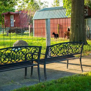 A peaceful outdoor scene featuring elegant benches overlooking a grassy area with animals and rustic buildings.