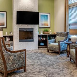 A cozy living room with a modern fireplace and stylish armchairs.