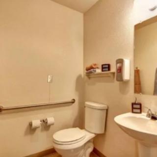 An accessible bathroom with a toilet, sink, mirror, and grab bar.