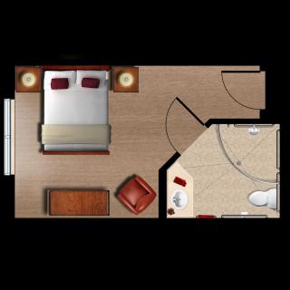 A floor plan of a bedroom with attached bathroom, showing furniture placement.