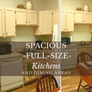 A spacious full-size kitchen and dining area with light cabinetry.