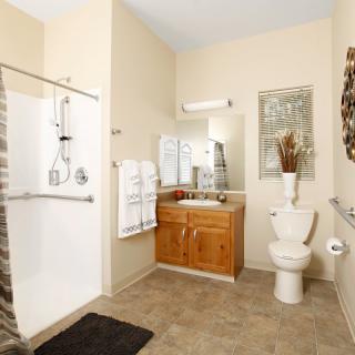 A modern bathroom featuring a shower area, toilet, and sink with wooden vanity.
