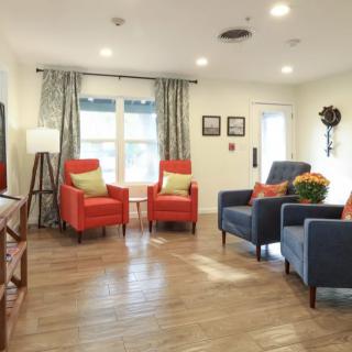 A cozy living room with colorful chairs and elegant decor.