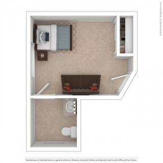 A compact floor plan featuring a bedroom with adjoining bathroom.