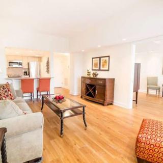 A bright and spacious living room with modern furniture and wood flooring.
