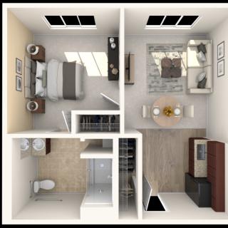 2D top view of a one-bedroom apartment floor plan with designated spaces for a living room, kitchen, bathroom, and bedroom.