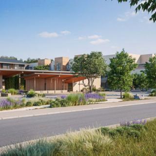 A modern architectural building surrounded by lush landscaping and a clear blue sky.