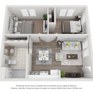 A top-down view of a modern 2-bedroom apartment floor plan, featuring a living room, kitchen, and two bathrooms.