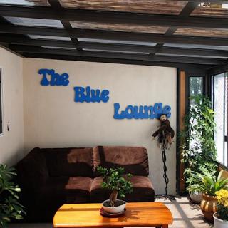 A cozy lounge area named 'The Blue Lounge' featuring a sofa, wooden table, and greenery under natural light.