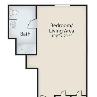 Studio apartment floor plan with combined bedroom and living area, and separate bathroom.