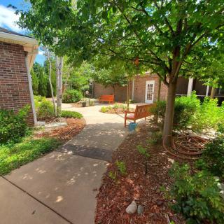 A peaceful garden with a pathway, surrounded by lush greenery and benches.