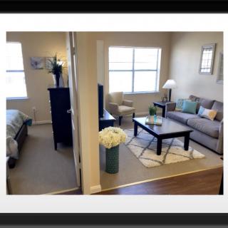 A modern apartment showcasing a cozy living room and adjoining bedroom.