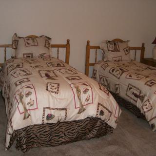 A cozy bedroom featuring two twin beds with patterned bedding.