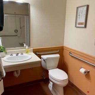 A clean and functional bathroom with a sink, toilet, and handrail.
