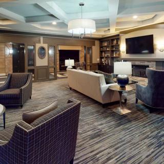 A modern and cozy living room with elegant furniture and a library area.