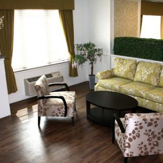 A cozy living room setup featuring a patterned sofa, decorative chairs, and ample natural light.