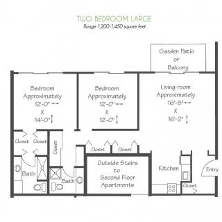 Two-bedroom apartment floor plan with detailed room dimensions and a garden patio or balcony.