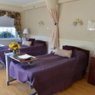 A hospital room with two neatly made beds, each adorned with a purple bedspread and a tray table. A vase of flowers adds a touch of color to the room, which is softly lit by natural light coming through the window.