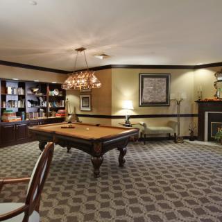 A cozy room featuring a pool table, surrounded by bookshelves and elegant interior design elements.