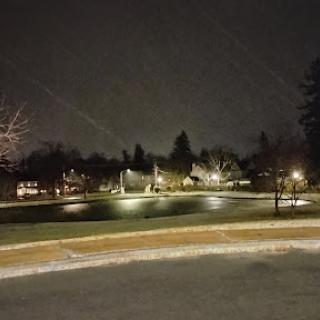 A serene winter night in the park, illuminated by soft streetlights and a light dusting of snow.