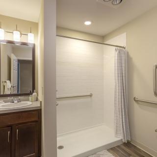 A modern bathroom with a walk-in shower, sink, and mirror.