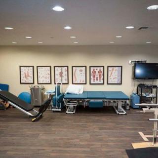 A physical therapy clinic with exercise equipment and anatomical posters.