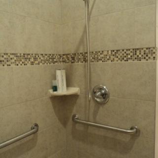 A tiled shower area with a showerhead, grab bars, and a soap holder.