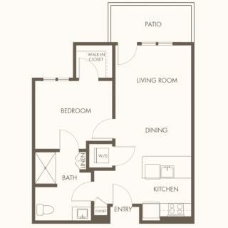 One-bedroom apartment floor plan with living room, dining area, kitchen, bathroom, and patio.
