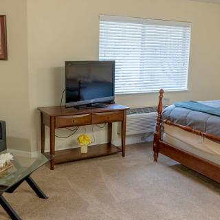 A cozy bedroom with a television on a wooden table, a bed, and a window providing natural light.