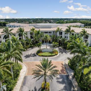Aerial view of a luxurious residential property surrounded by lush palm trees and manicured landscaping.