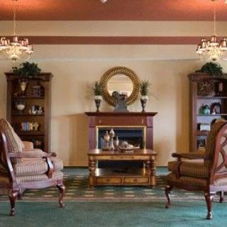 Elegant living room with two armchairs, a central fireplace, and bookshelves on either side.